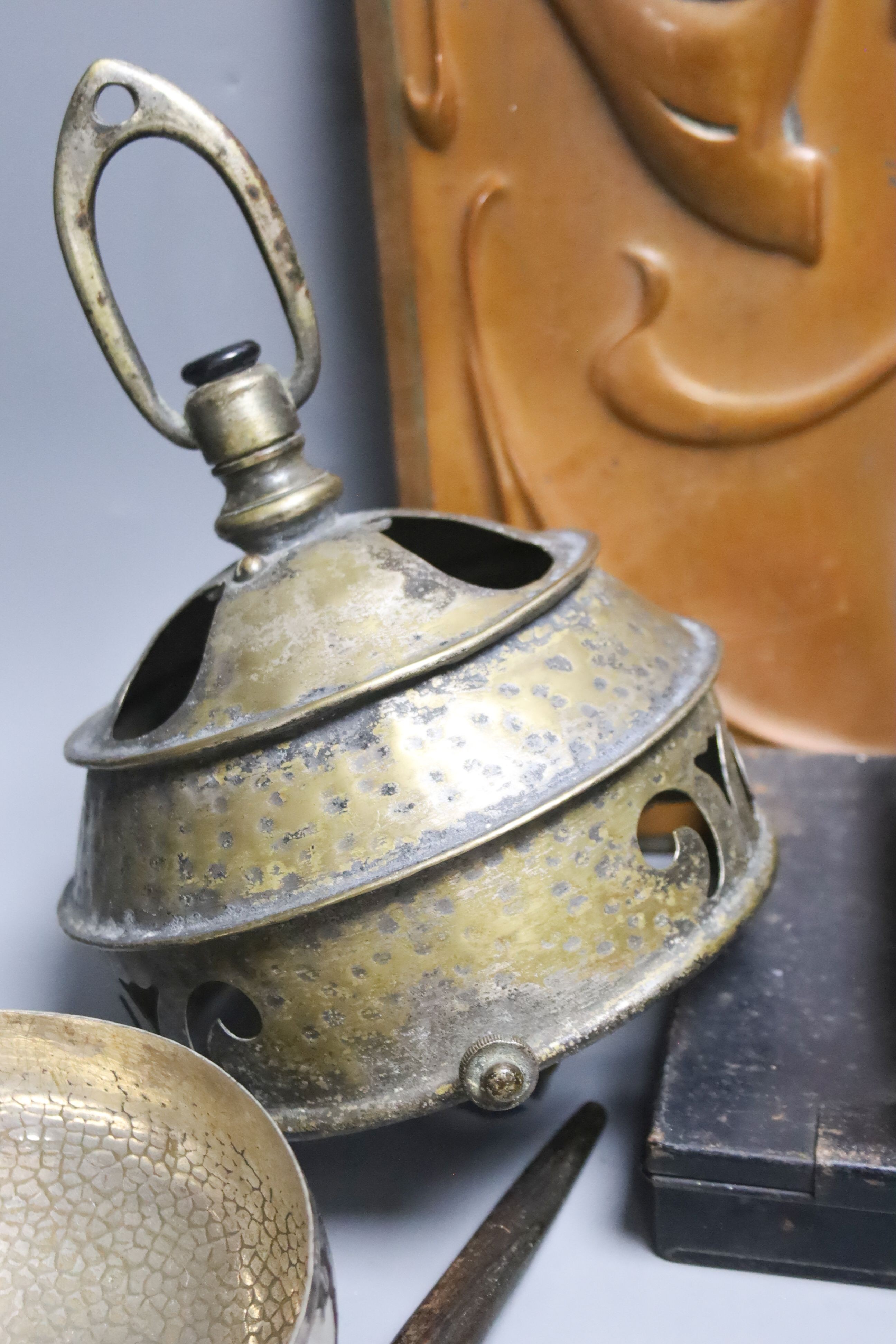 An Arts and Crafts metal light fitting and similar sundry metalware